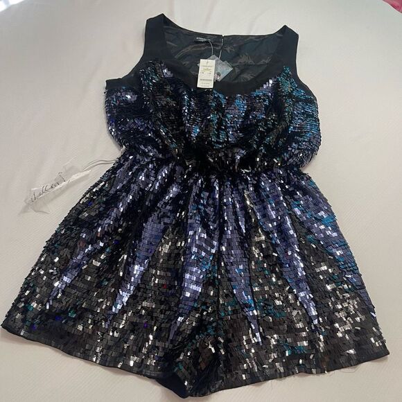 NWT BEBE Black Blue Sequin Embellished Romper Size 10 NEW - Picture 1 of 6